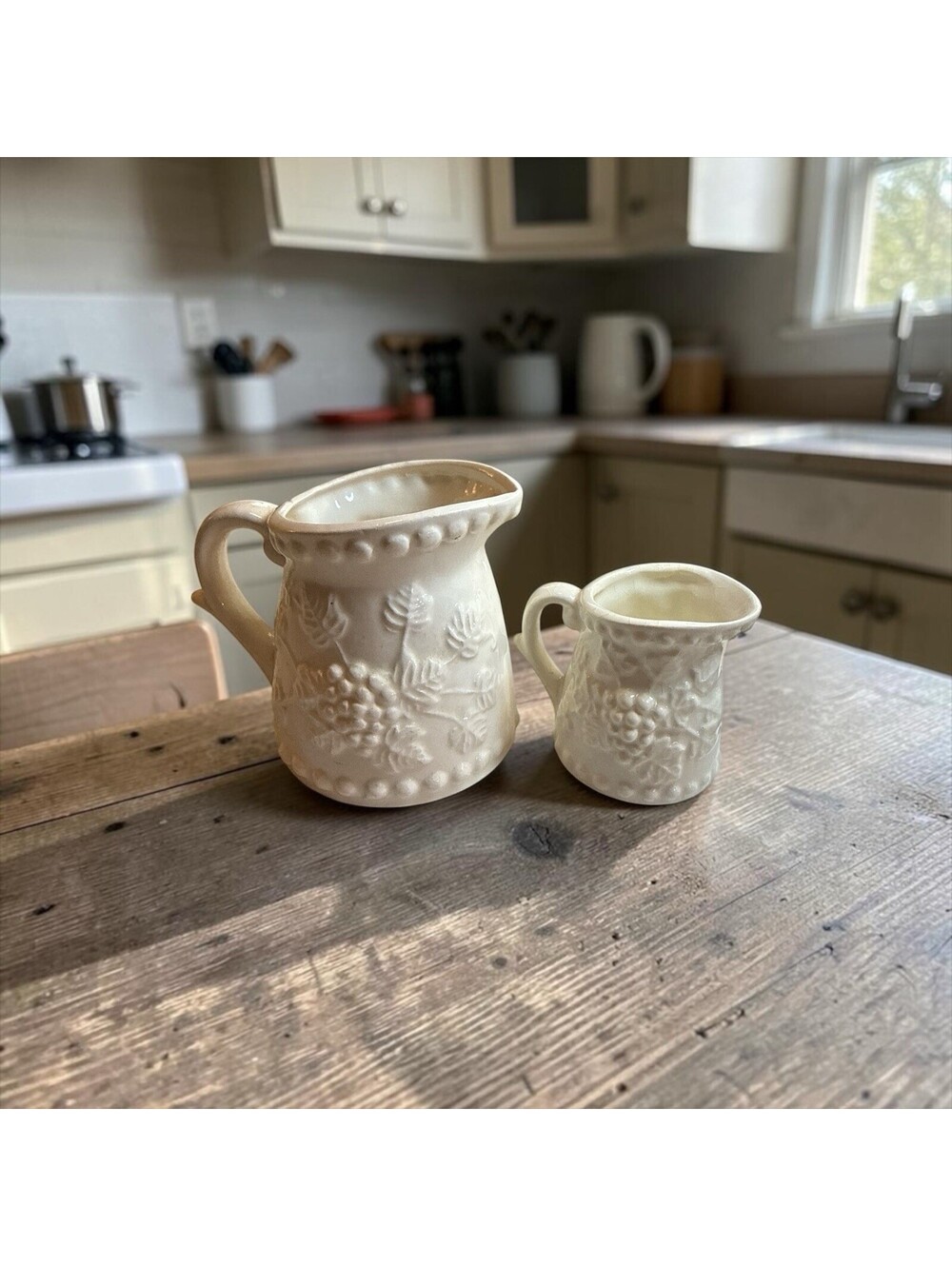 Enesco Japan White Creamer Pitcher 1 Cup & 1/4 Cup Measuring Set of 2